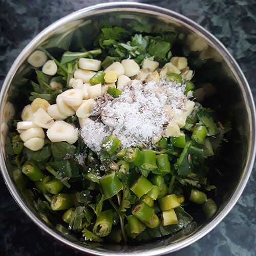 Add Green Chilli Garlic Ginger Salt Coriander Leaves Mint Leaves